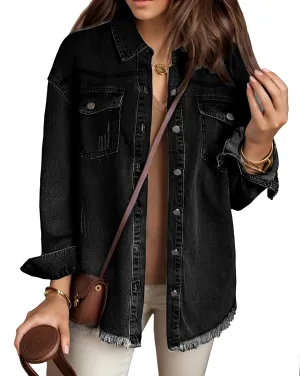 MISS MOLY Denim Jacket for Women Trendy Oversized Long Sleeve Frayed Hem Boyfriend Jean Shacket Coat