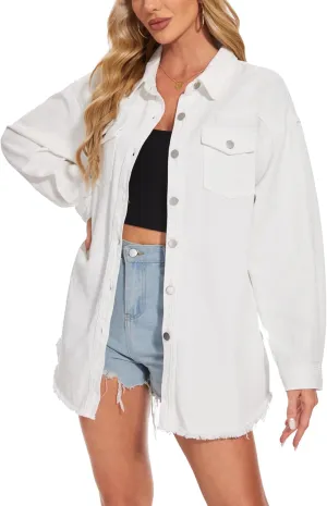 MISS MOLY Denim Jacket for Women Trendy Oversized Long Sleeve Frayed Hem Boyfriend Jean Shacket Coat