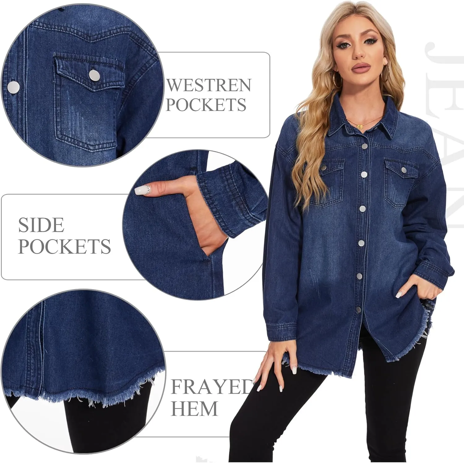 MISS MOLY Denim Jacket for Women Trendy Oversized Long Sleeve Frayed Hem Boyfriend Jean Shacket Coat