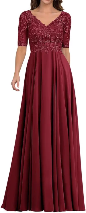 Mother of The Bride Dresses for Wedding - Lace Wedding Guest Dress Long Chiffon Evening Gowns Half Sleeve
