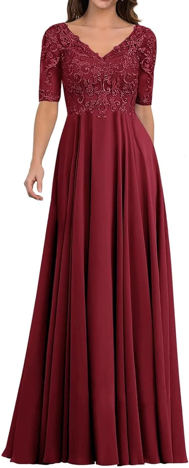 Mother of The Bride Dresses for Wedding - Lace Wedding Guest Dress Long Chiffon Evening Gowns Half Sleeve