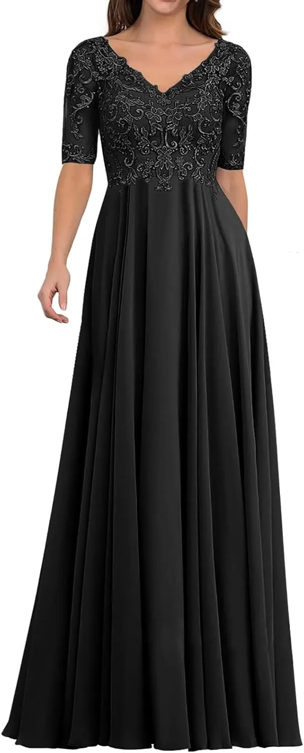 Mother of The Bride Dresses for Wedding - Lace Wedding Guest Dress Long Chiffon Evening Gowns Half Sleeve