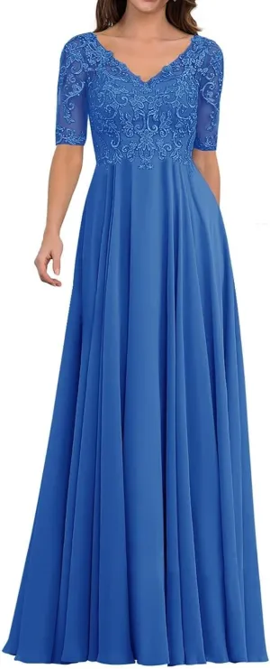 Mother of The Bride Dresses for Wedding - Lace Wedding Guest Dress Long Chiffon Evening Gowns Half Sleeve