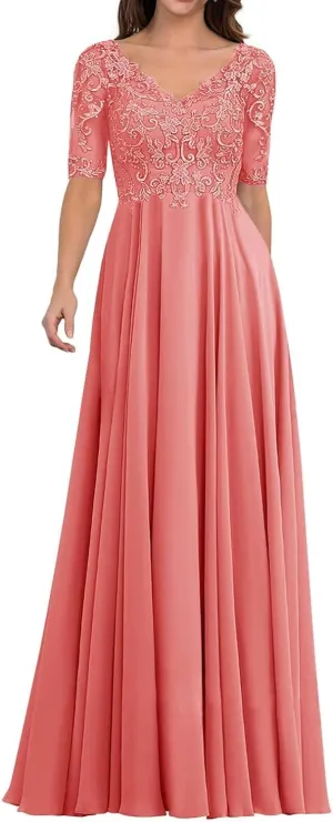 Mother of The Bride Dresses for Wedding - Lace Wedding Guest Dress Long Chiffon Evening Gowns Half Sleeve