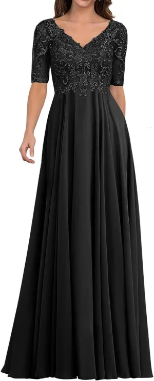 Mother of The Bride Dresses for Wedding - Lace Wedding Guest Dress Long Chiffon Evening Gowns Half Sleeve