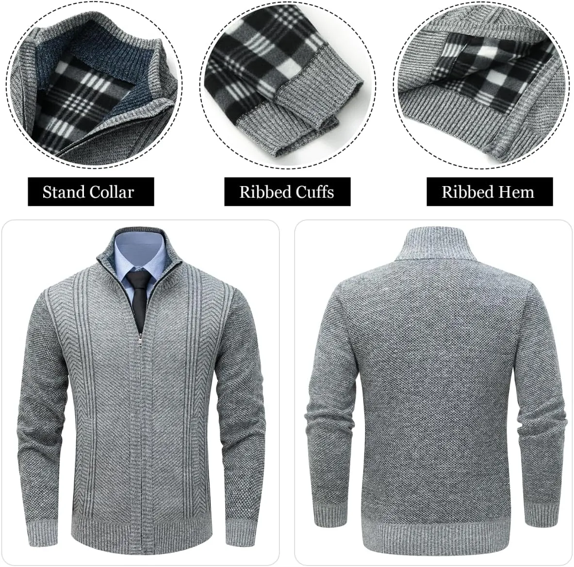 Msmsse Mens Cardigan Sweaters Full Zip Up Stand Collar Casual Knitted Sweater with 2 Front Pockets