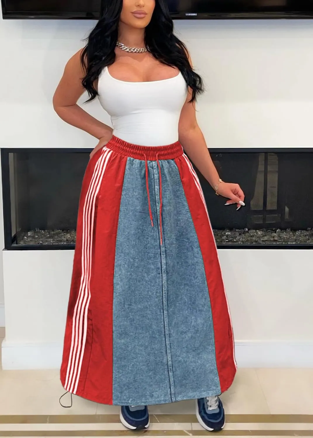 Nihsatin Womens Jeans Skirts with Patchwork Stripes High Waisted Color Block Maxi Skirt