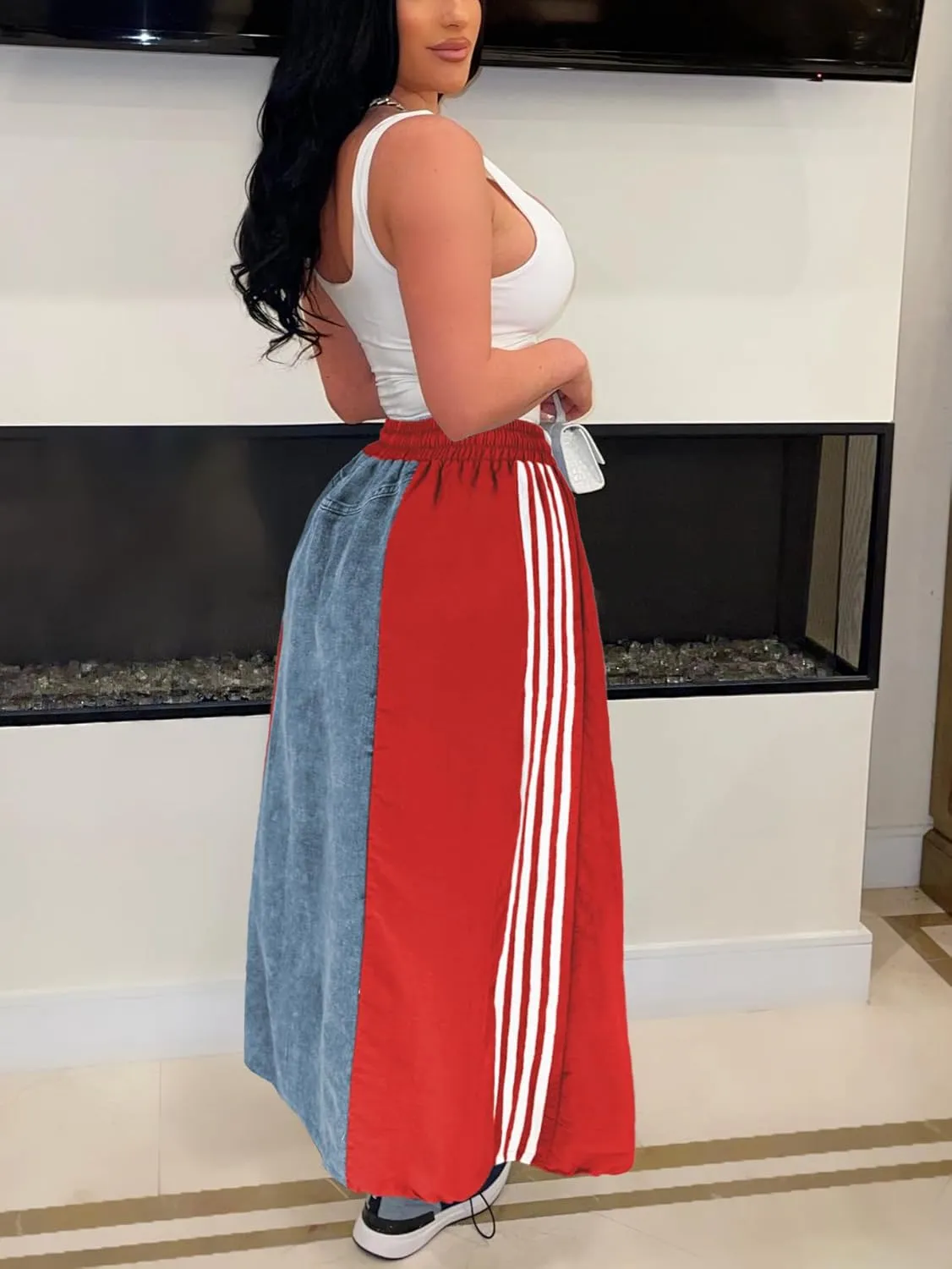 Nihsatin Womens Jeans Skirts with Patchwork Stripes High Waisted Color Block Maxi Skirt