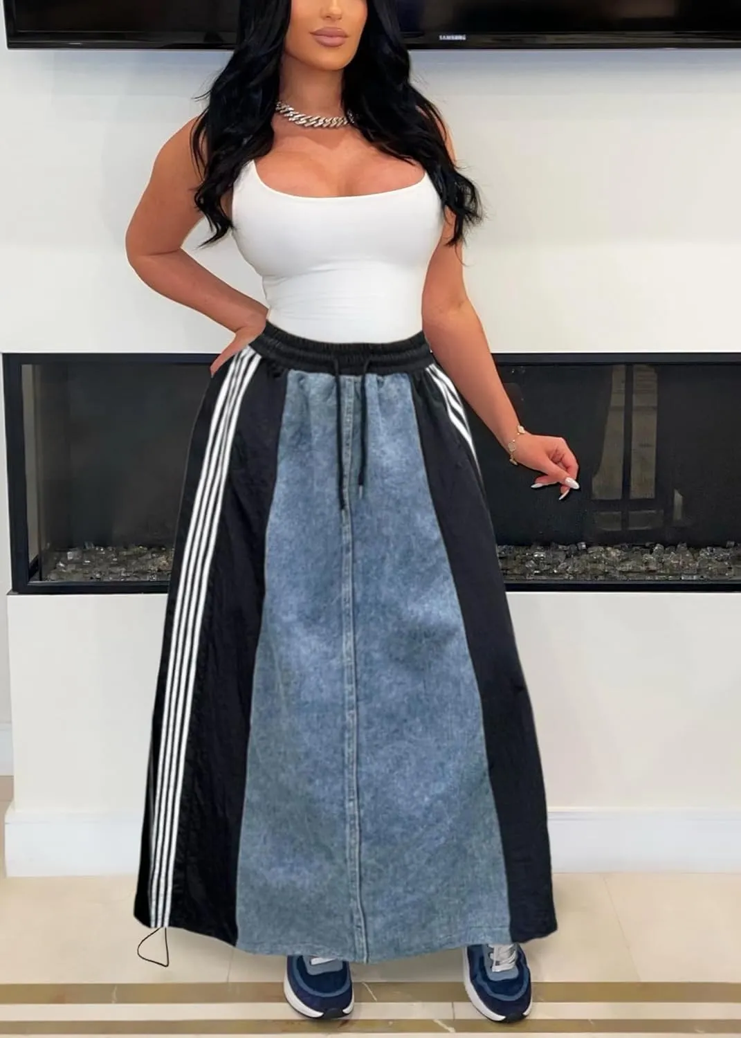 Nihsatin Womens Jeans Skirts with Patchwork Stripes High Waisted Color Block Maxi Skirt