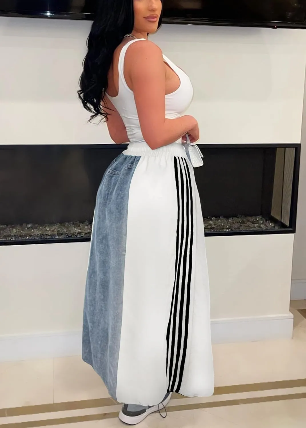 Nihsatin Womens Jeans Skirts with Patchwork Stripes High Waisted Color Block Maxi Skirt