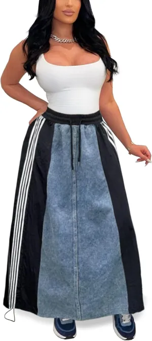 Nihsatin Womens Jeans Skirts with Patchwork Stripes High Waisted Color Block Maxi Skirt
