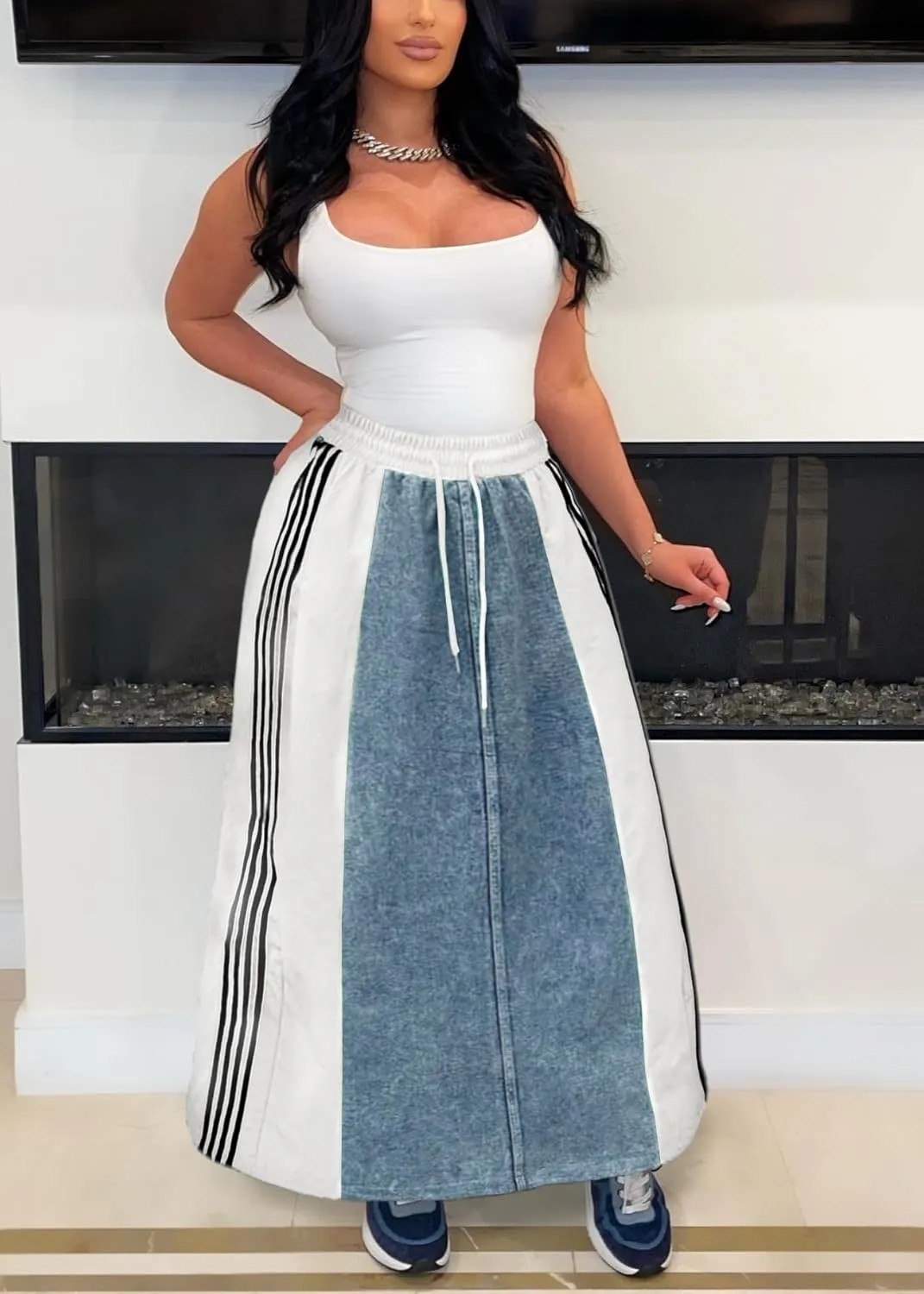 Nihsatin Womens Jeans Skirts with Patchwork Stripes High Waisted Color Block Maxi Skirt
