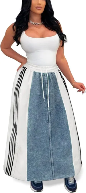 Nihsatin Womens Jeans Skirts with Patchwork Stripes High Waisted Color Block Maxi Skirt