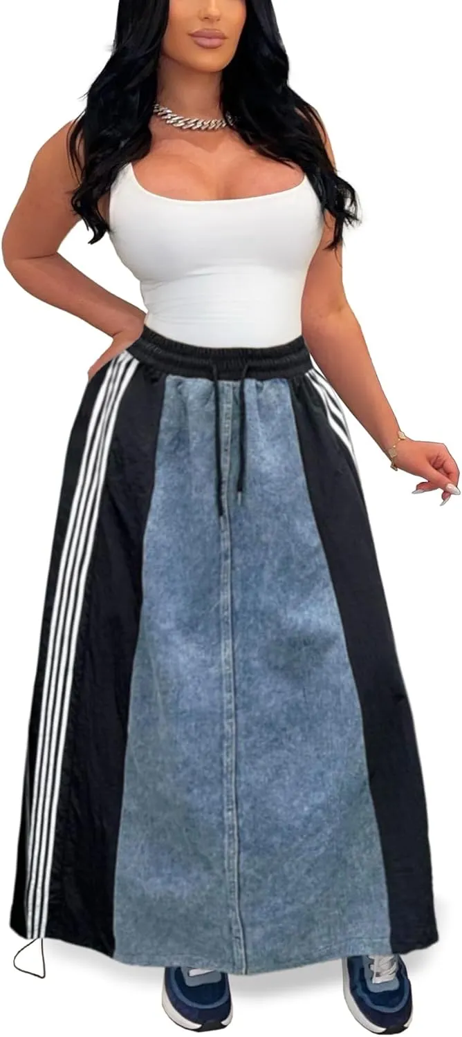 Nihsatin Womens Jeans Skirts with Patchwork Stripes High Waisted Color Block Maxi Skirt