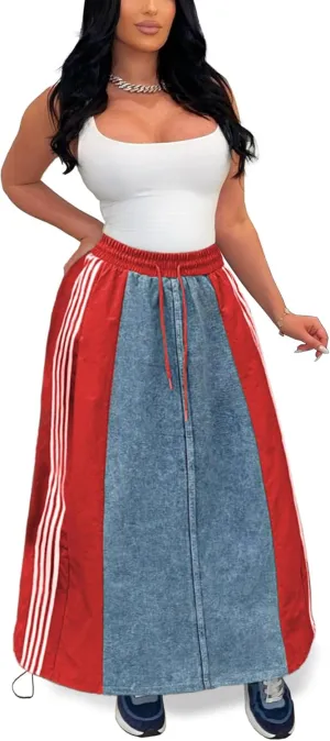 Nihsatin Womens Jeans Skirts with Patchwork Stripes High Waisted Color Block Maxi Skirt