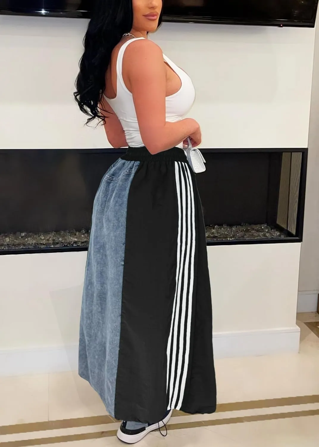 Nihsatin Womens Jeans Skirts with Patchwork Stripes High Waisted Color Block Maxi Skirt