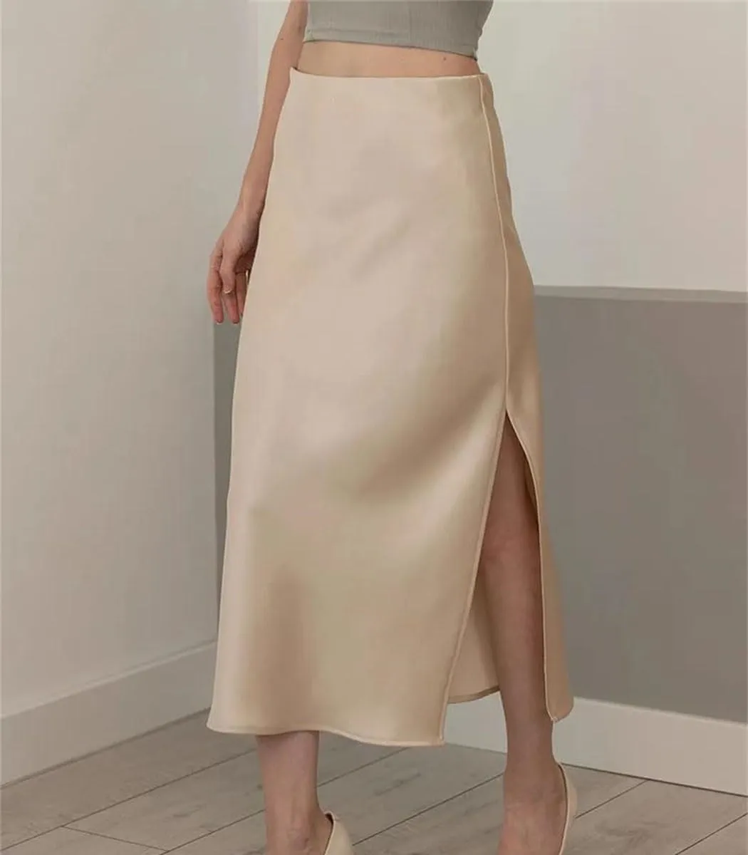 Office Midi Skirts for Women High Waist Elegant Silk Skirt Solid Color Satin Skirt with Slit On The Side