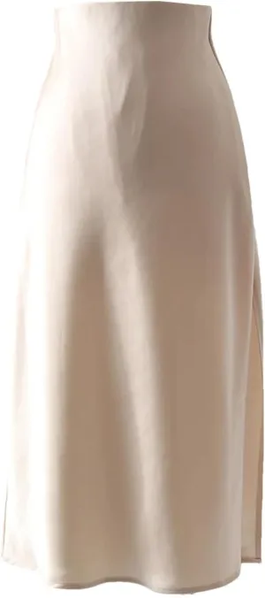 Office Midi Skirts for Women High Waist Elegant Silk Skirt Solid Color Satin Skirt with Slit On The Side