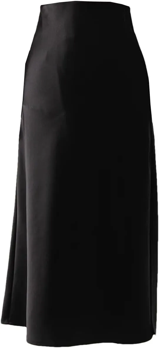 Office Midi Skirts for Women High Waist Elegant Silk Skirt Solid Color Satin Skirt with Slit On The Side