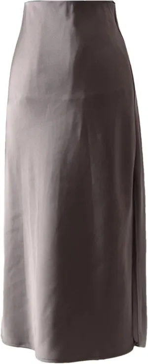 Office Midi Skirts for Women High Waist Elegant Silk Skirt Solid Color Satin Skirt with Slit On The Side