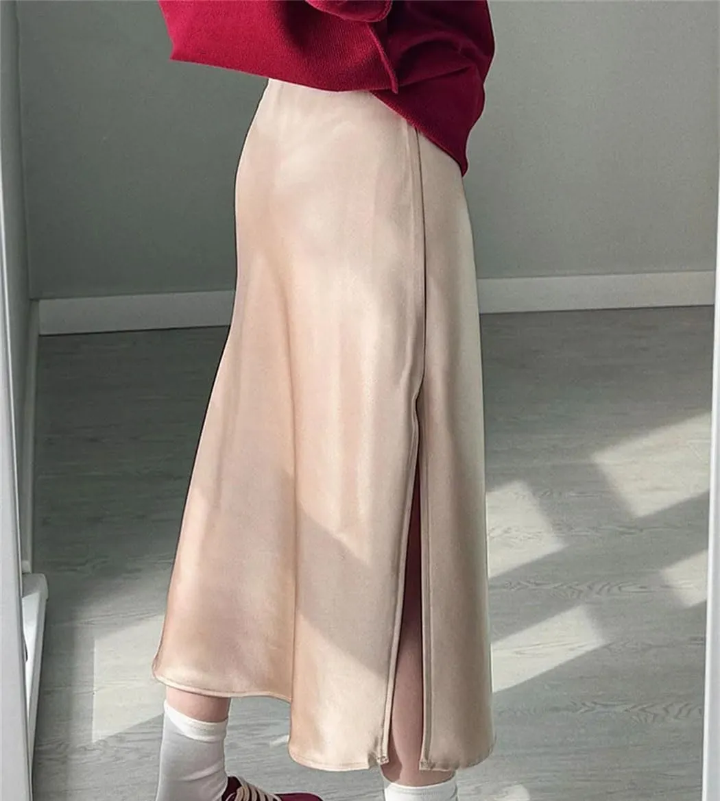 Office Midi Skirts for Women High Waist Elegant Silk Skirt Solid Color Satin Skirt with Slit On The Side