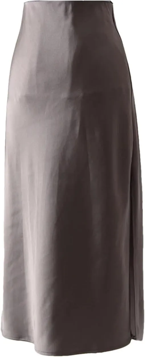 Office Midi Skirts for Women High Waist Elegant Silk Skirt Solid Color Satin Skirt with Slit On The Side