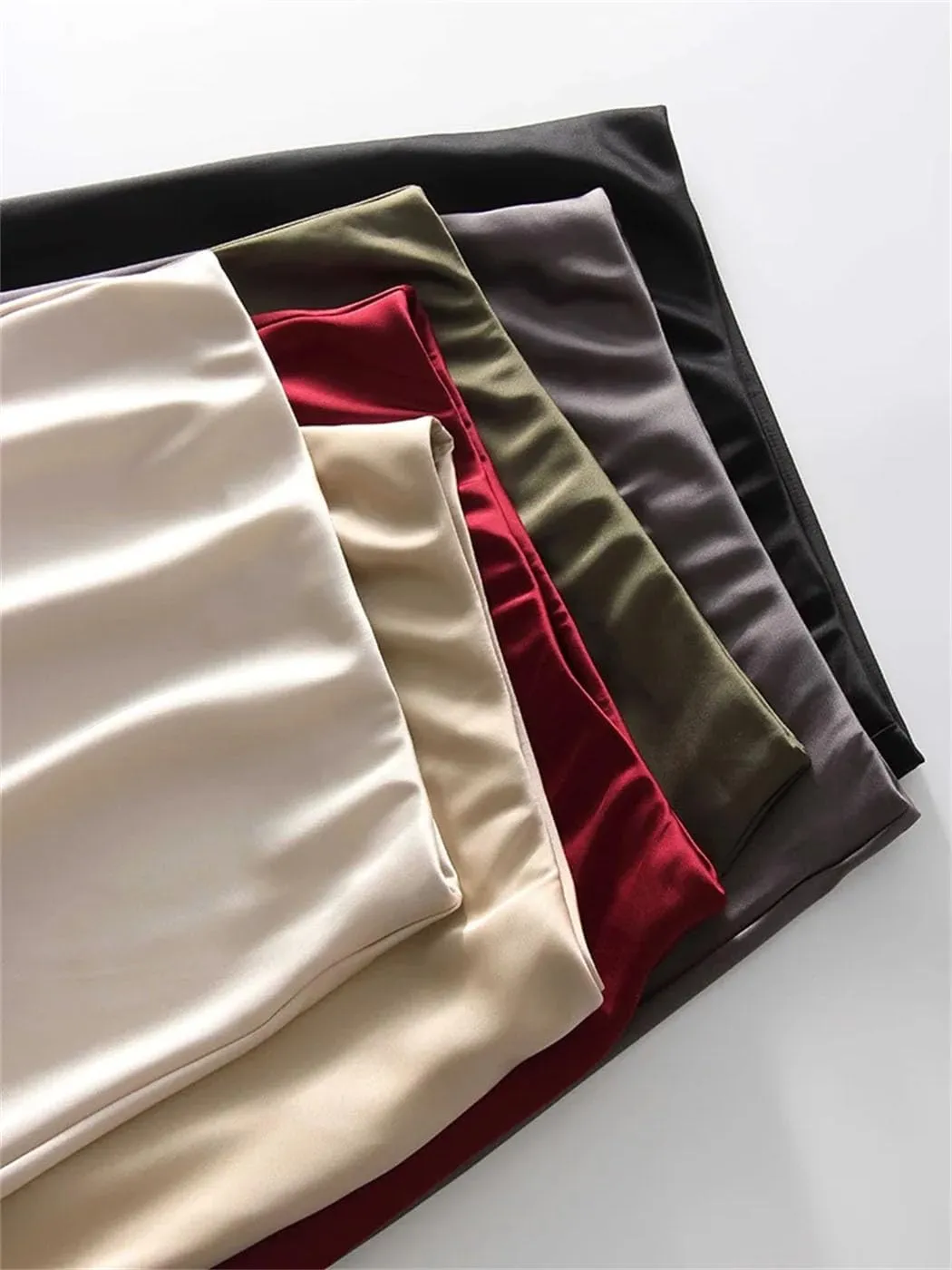 Office Midi Skirts for Women High Waist Elegant Silk Skirt Solid Color Satin Skirt with Slit On The Side