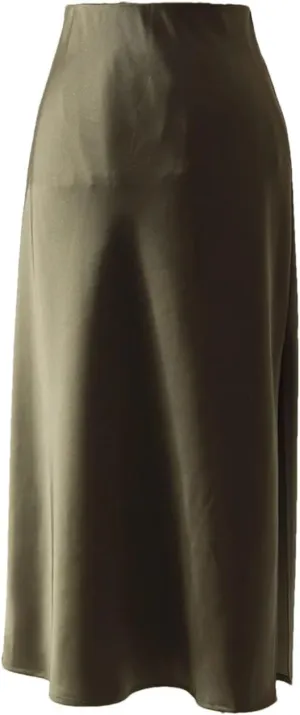 Office Midi Skirts for Women High Waist Elegant Silk Skirt Solid Color Satin Skirt with Slit On The Side