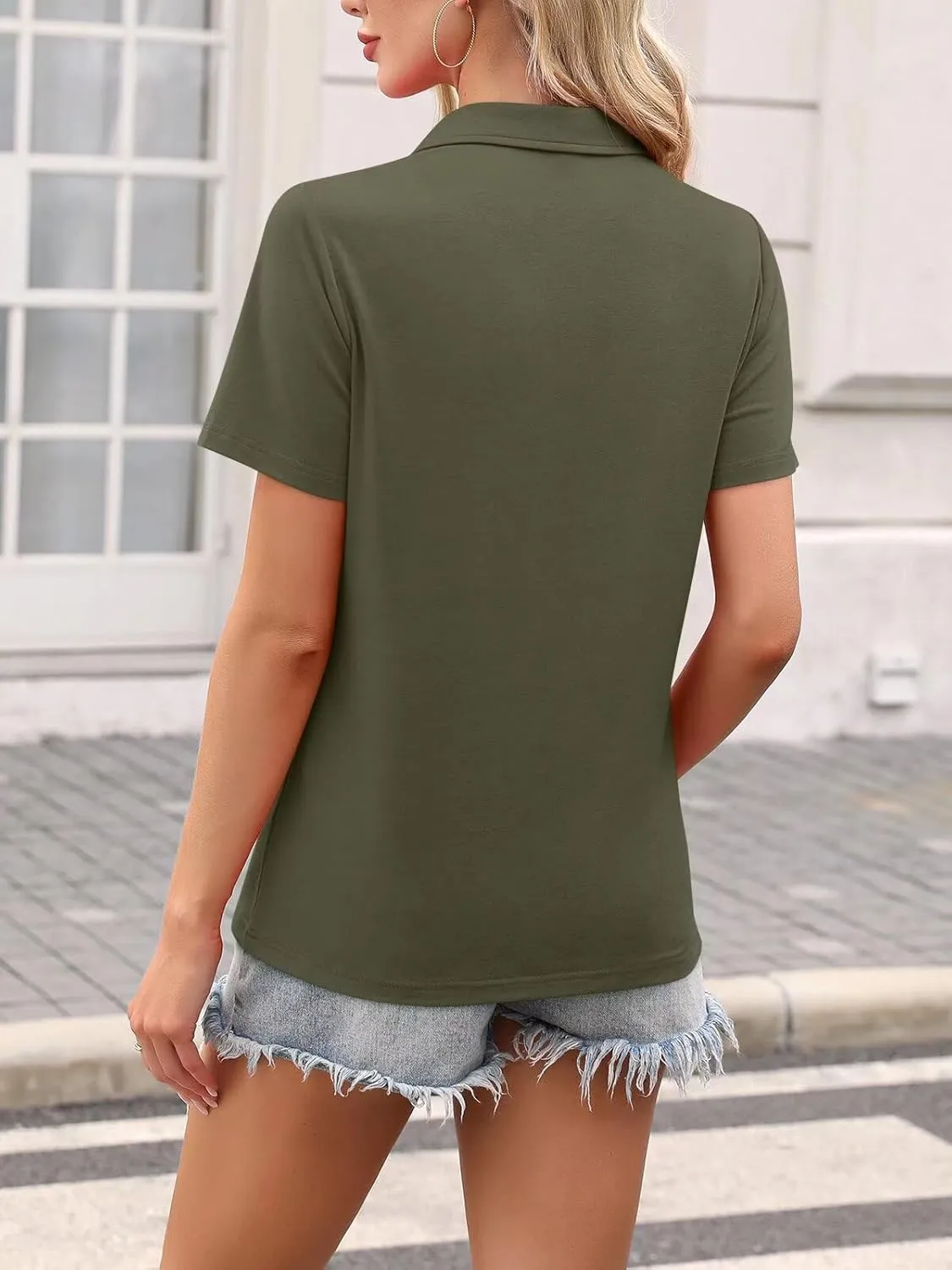 ORANDESIGNE Women's Short Sleeve V Neck Polo Shirts Summer Collared Tops Casual Loose Tees Tops