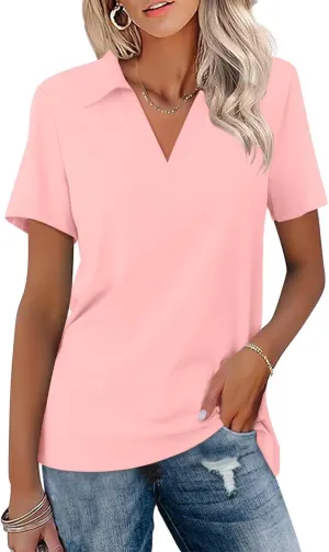ORANDESIGNE Women's Short Sleeve V Neck Polo Shirts Summer Collared Tops Casual Loose Tees Tops