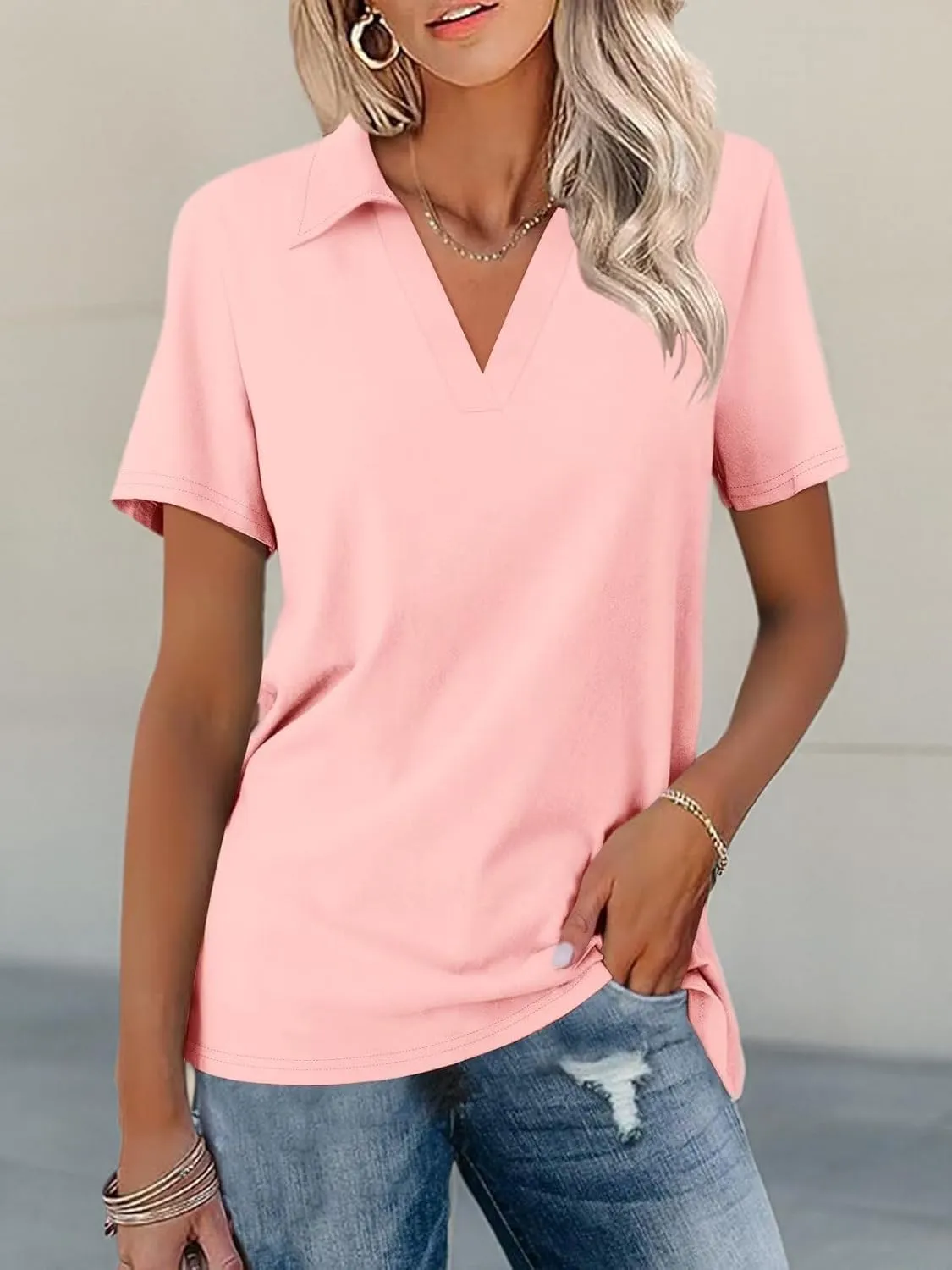 ORANDESIGNE Women's Short Sleeve V Neck Polo Shirts Summer Collared Tops Casual Loose Tees Tops