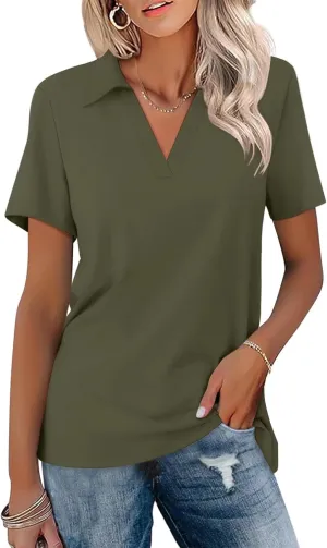 ORANDESIGNE Women's Short Sleeve V Neck Polo Shirts Summer Collared Tops Casual Loose Tees Tops