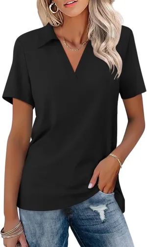 ORANDESIGNE Women's Short Sleeve V Neck Polo Shirts Summer Collared Tops Casual Loose Tees Tops