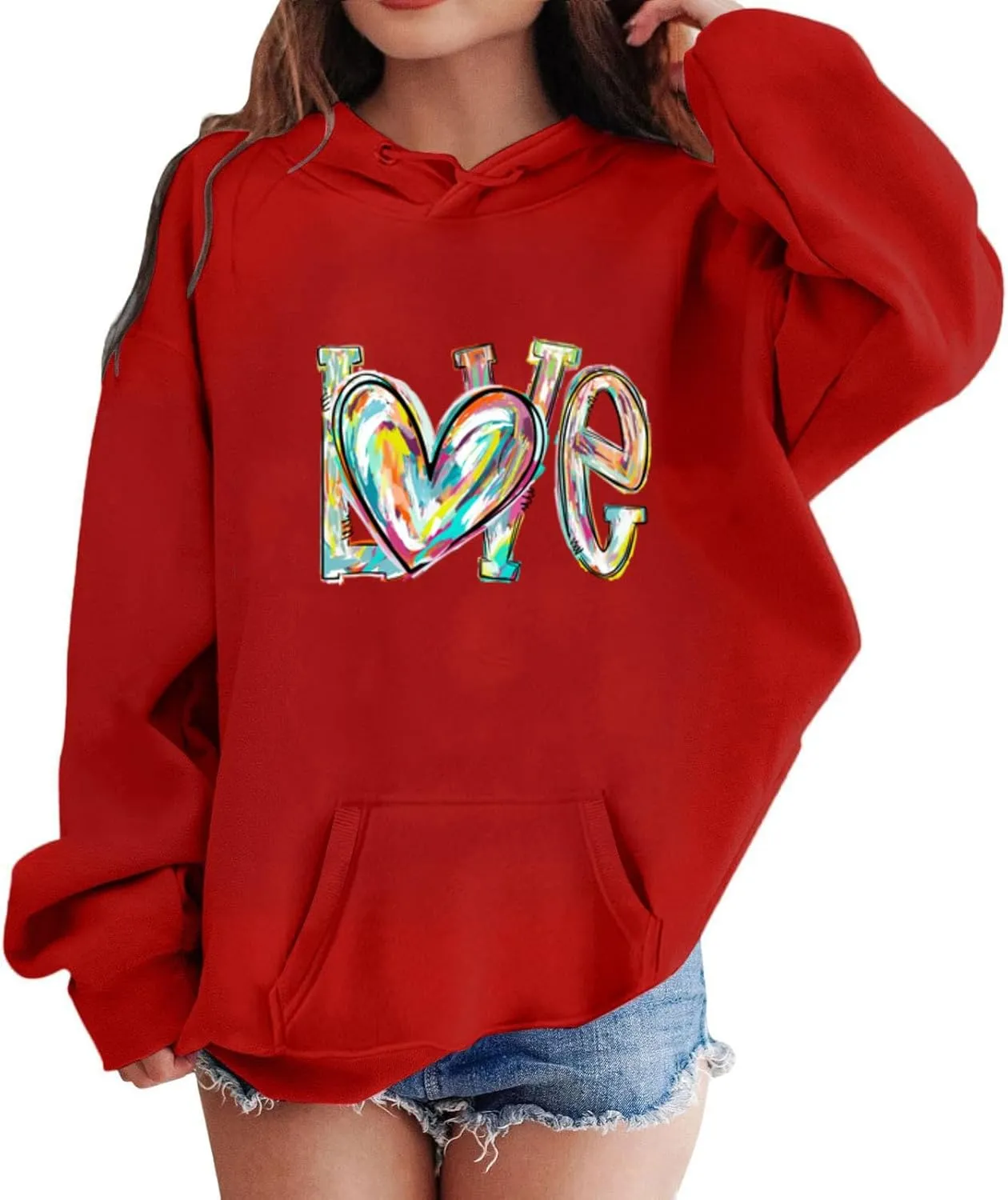 Oversized Hooded Sweatshirts for Teen Girls Cute Hoodies with Pockets Heart Print Graphic Pullover Shirts Tops