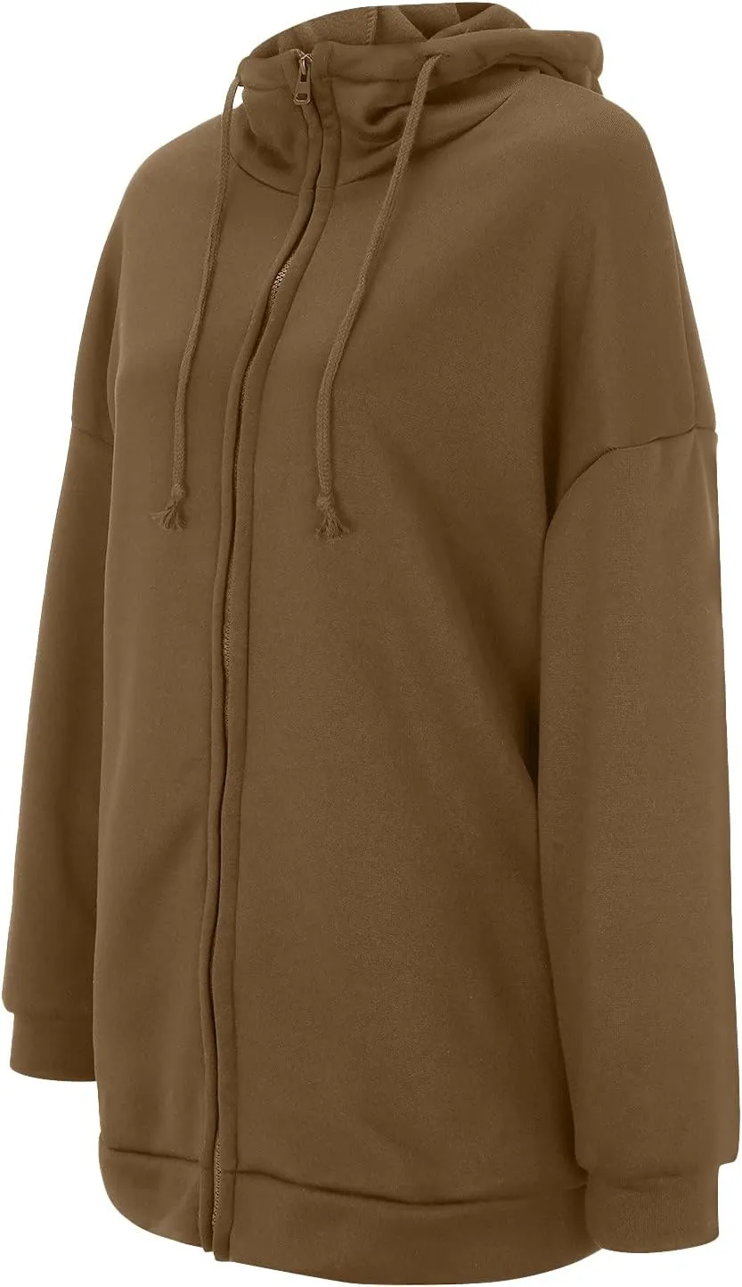 Oversized Hoodies for Women Fall Zip up Hooded Sweatshirts Casual Soild Color Long Fleece Jacket with Pockets