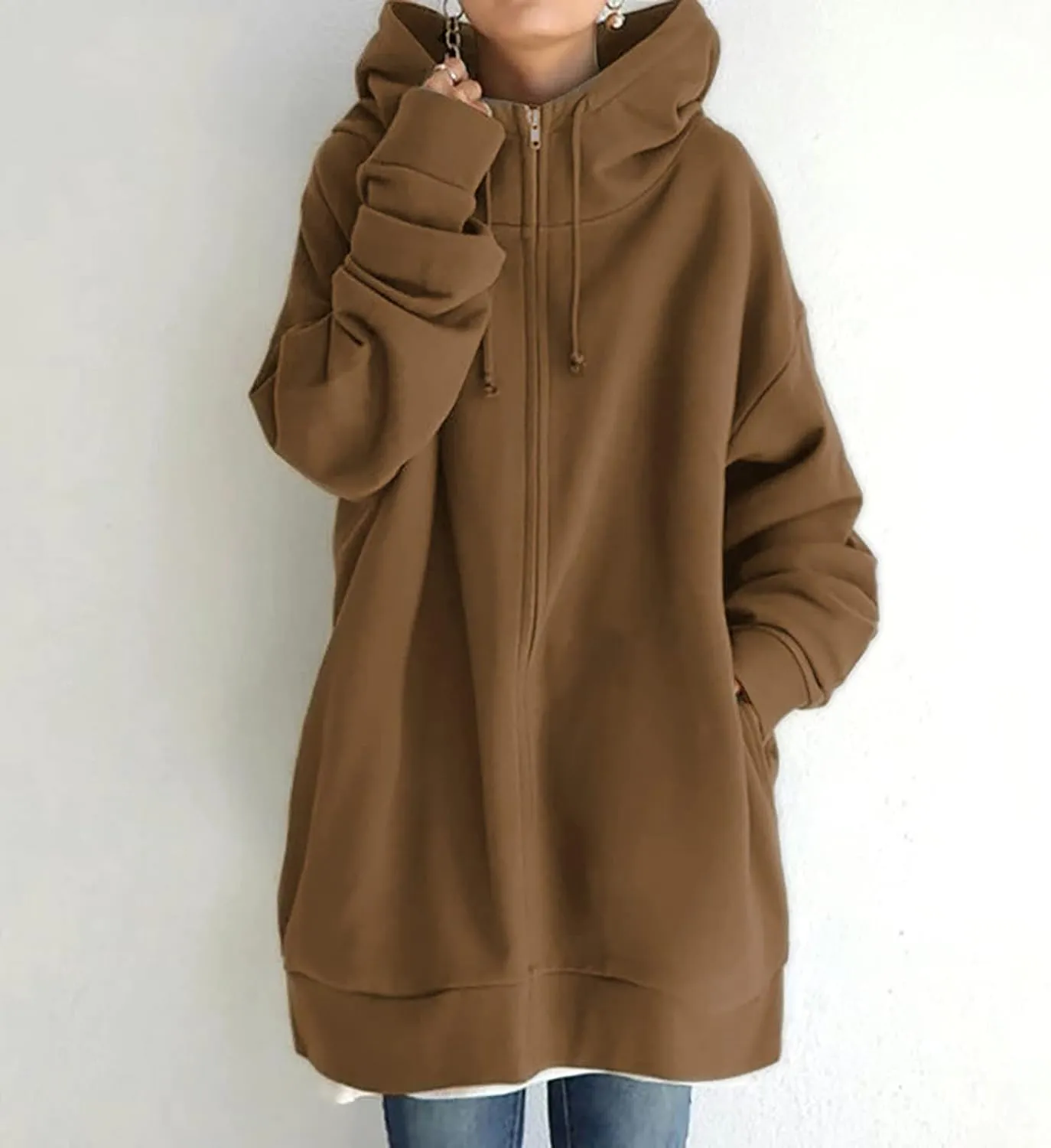 Oversized Hoodies for Women Fall Zip up Hooded Sweatshirts Casual Soild Color Long Fleece Jacket with Pockets