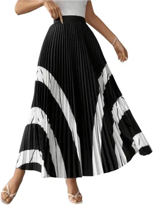 OYOANGLE Women's Elegant Color Block High Waist Pleated A Line Long Skirt Swing Flowy Work Skirts