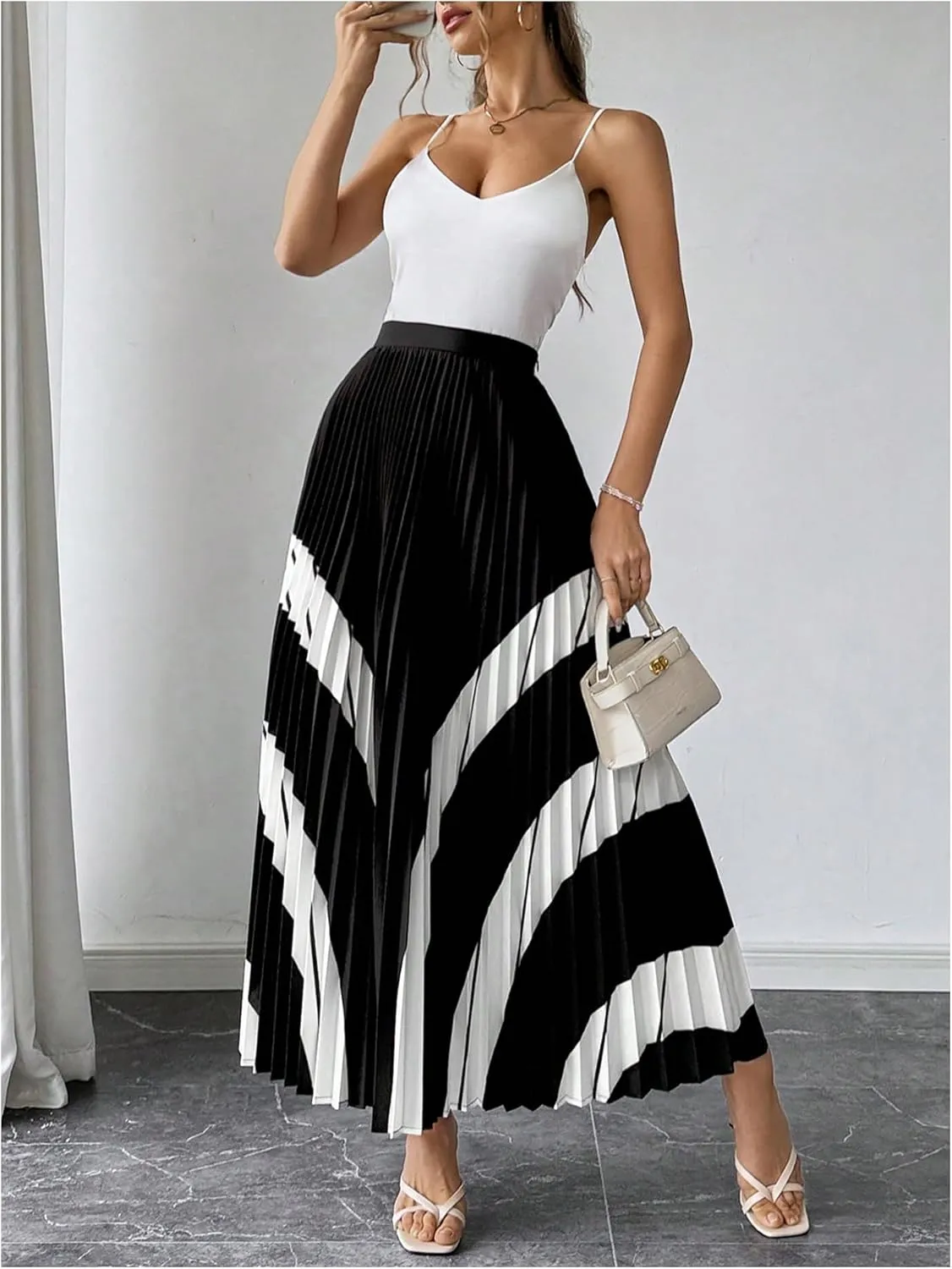 OYOANGLE Women's Elegant Color Block High Waist Pleated A Line Long Skirt Swing Flowy Work Skirts