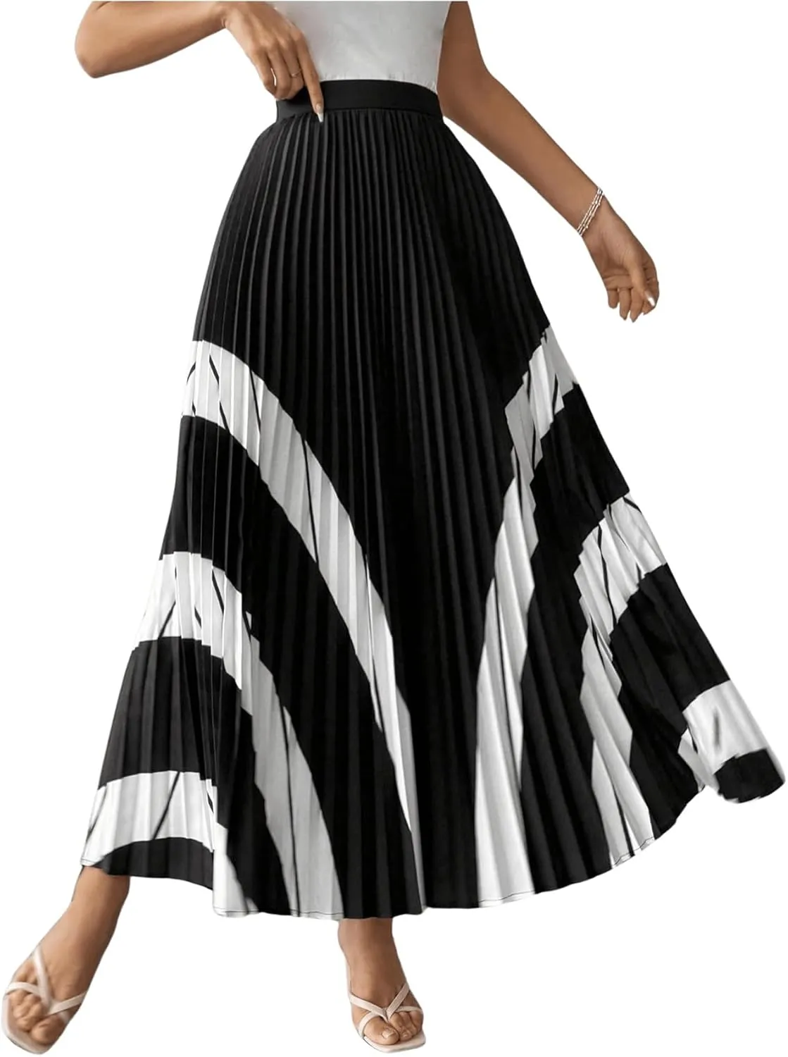 OYOANGLE Women's Elegant Color Block High Waist Pleated A Line Long Skirt Swing Flowy Work Skirts