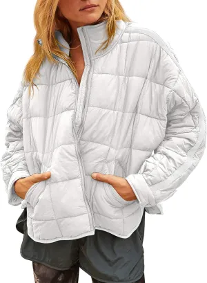 Peaceglad Women's Winter Lightweight Zipper Down Jacket Oversized Warm Long Sleeve Quilted Jackets Coats