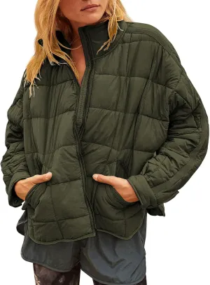 Peaceglad Women's Winter Lightweight Zipper Down Jacket Oversized Warm Long Sleeve Quilted Jackets Coats