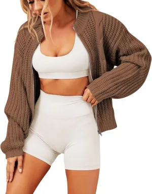 Pink Queen 2024 Fall Casual Cardigan Sweaters for Women Long Sleeve Full Zipper Chunky Knit Cardigans Jacket Coat