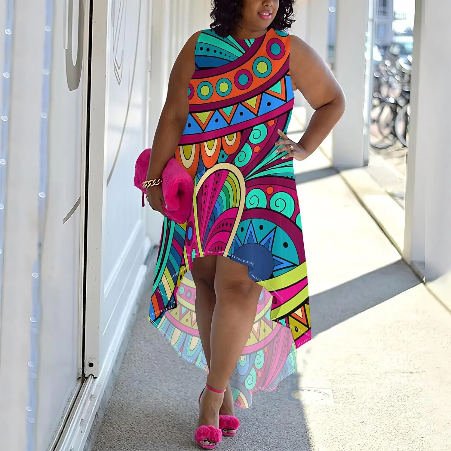 Plus Size Midi Dress for Women Casual Sleeveless Sundress High Low Asymmetrical Hem Tank Dresses Beach Vacation Dress