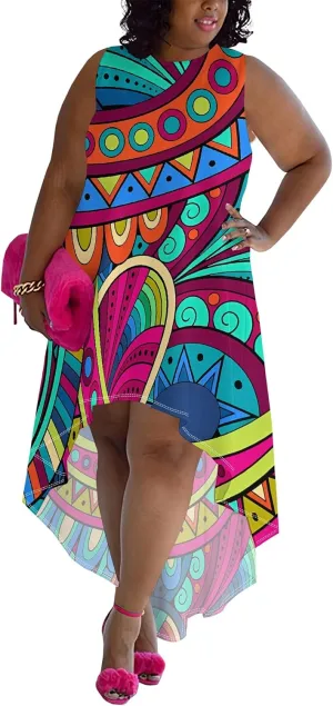 Plus Size Midi Dress for Women Casual Sleeveless Sundress High Low Asymmetrical Hem Tank Dresses Beach Vacation Dress