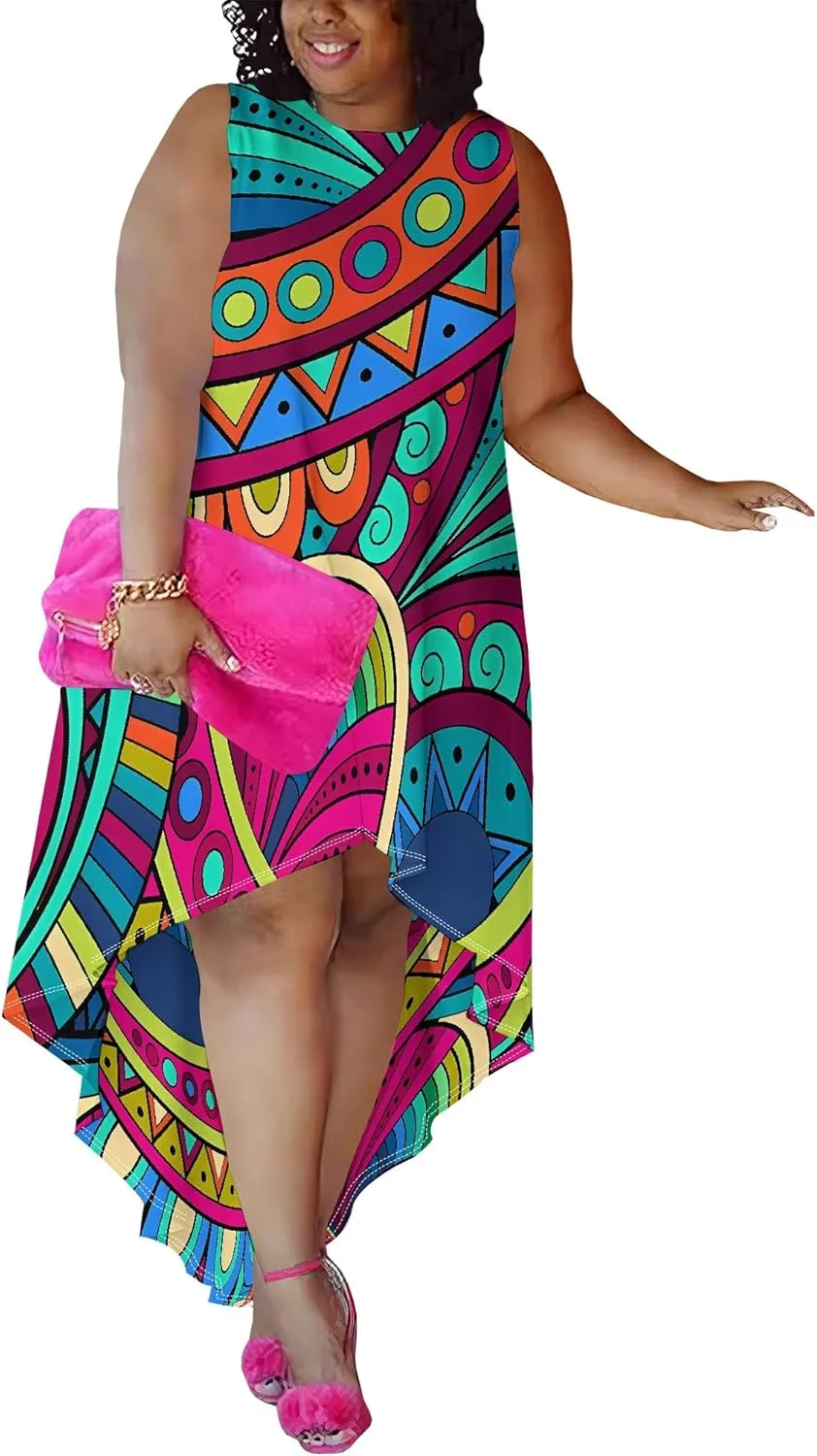 Plus Size Midi Dress for Women Casual Sleeveless Sundress High Low Asymmetrical Hem Tank Dresses Beach Vacation Dress