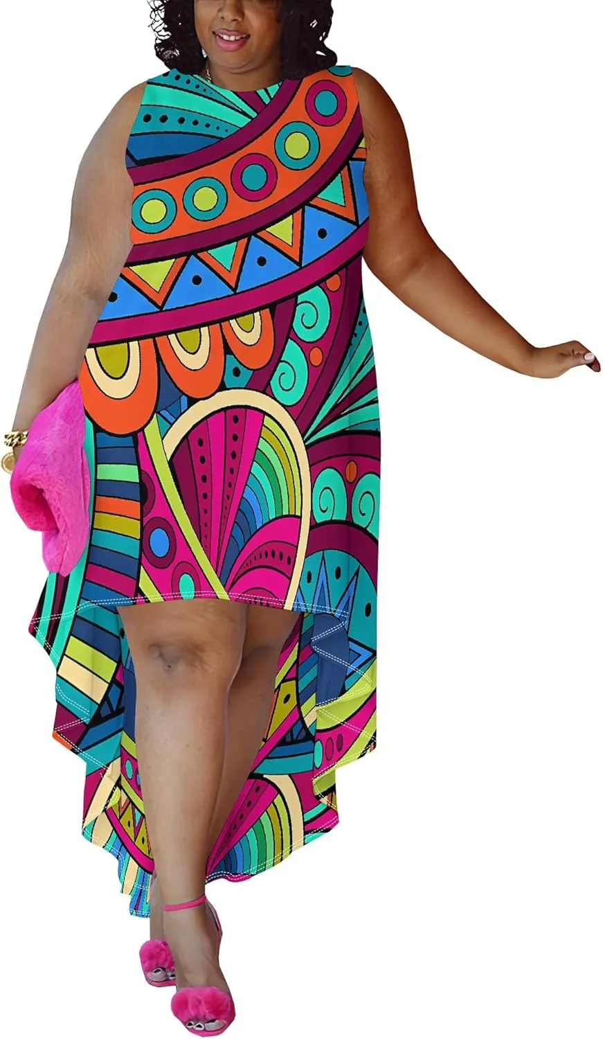 Plus Size Midi Dress for Women Casual Sleeveless Sundress High Low Asymmetrical Hem Tank Dresses Beach Vacation Dress