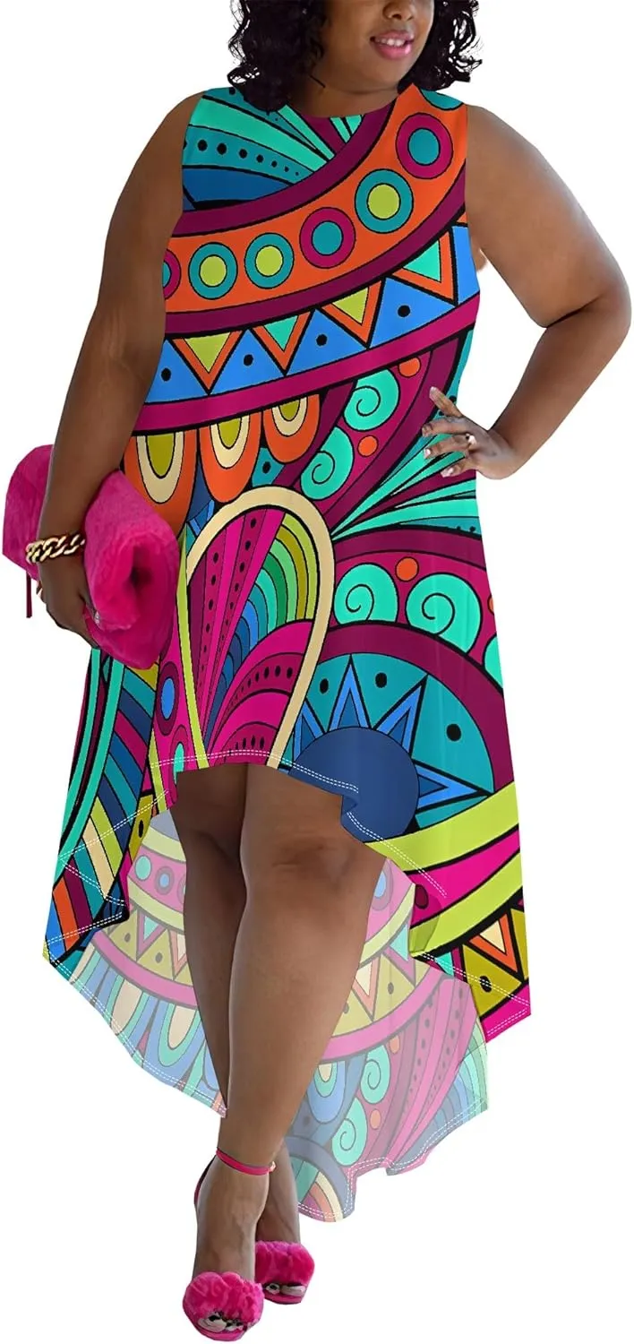 Plus Size Midi Dress for Women Casual Sleeveless Sundress High Low Asymmetrical Hem Tank Dresses Beach Vacation Dress
