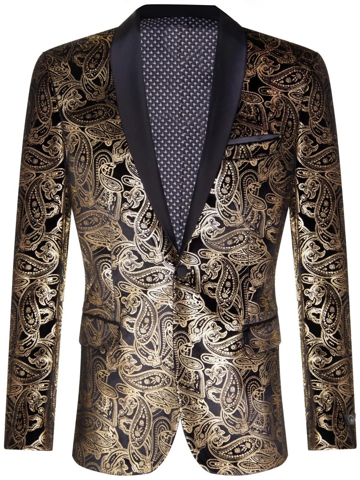 Premium Gold Paisley Floral Black Tuxedo with Silk Lapel