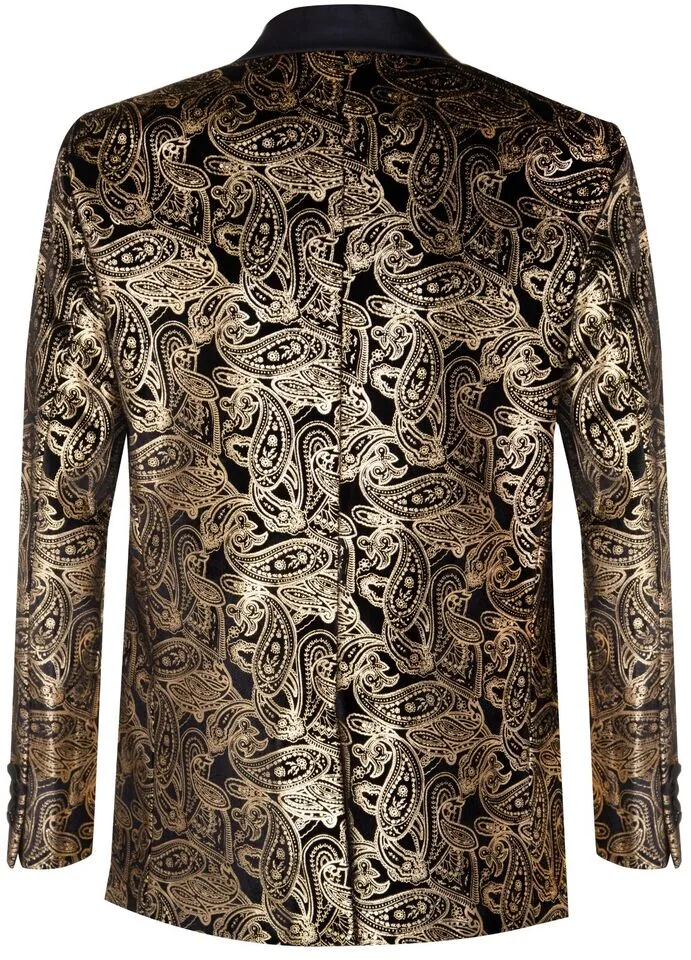 Premium Gold Paisley Floral Black Tuxedo with Silk Lapel