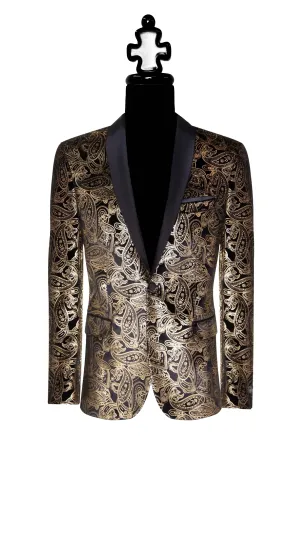 Premium Gold Paisley Floral Black Tuxedo with Silk Lapel